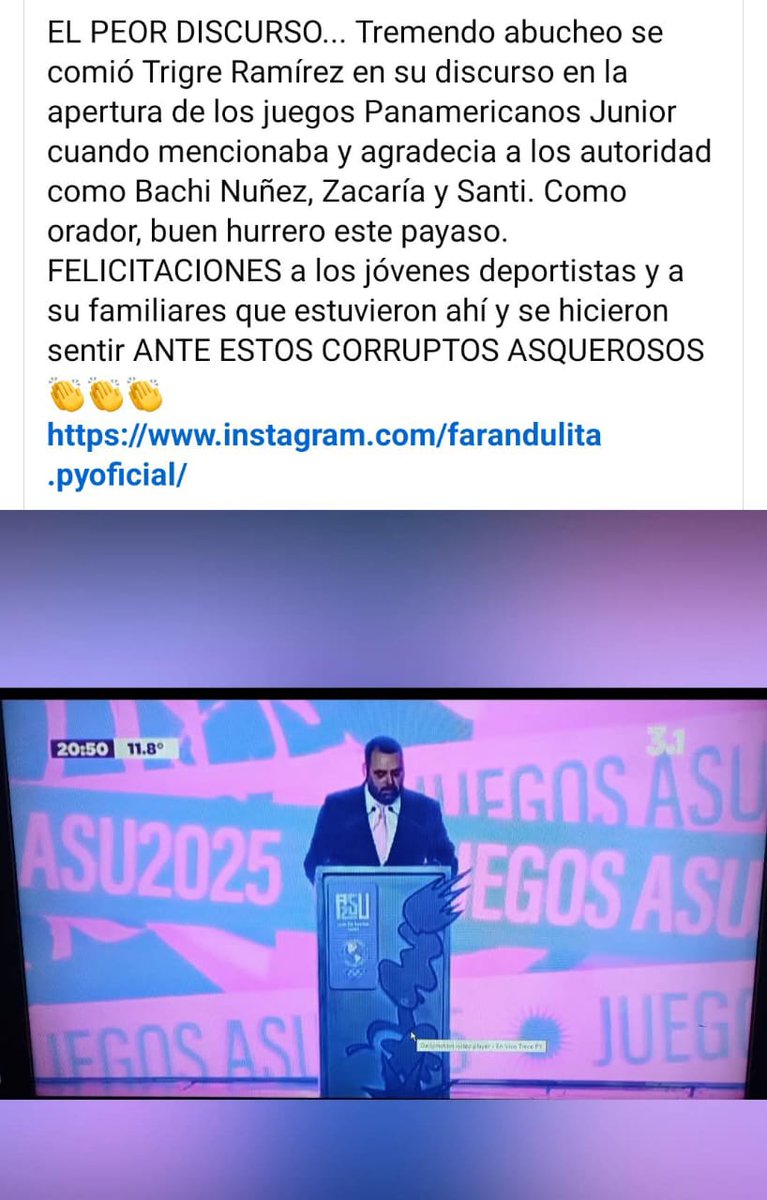 ABUCHEO A PEÑA,ALIANA,BACHI Y ZACARIAS EN APERTURA DE JUEGOS PANAMERICANOS REFLEJA RECHAZO POPULAR,A ACTUAR OFICIALISTA,en el Poder Ejecutivo (vida de nuevo rico)y en el Poder Legislativo(impunidad a libero cartista Senadora Cabrera) y suba de precios de canasta familiar. PIREVAI