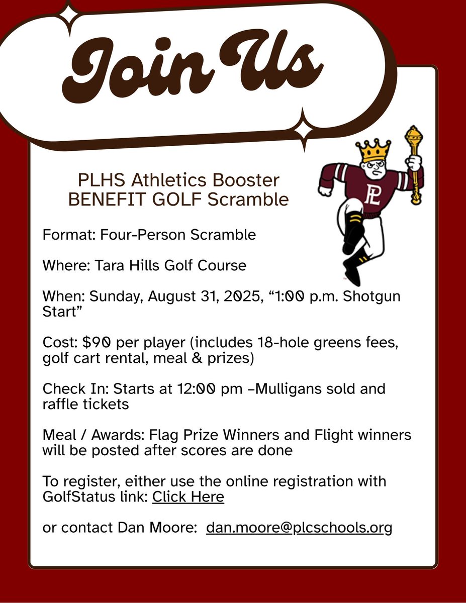 The Monarch Golf Scramble is August 31st. Get a group together and come support the Monarchs.  Click the link to sign up your team: trst.in/XJsxjf