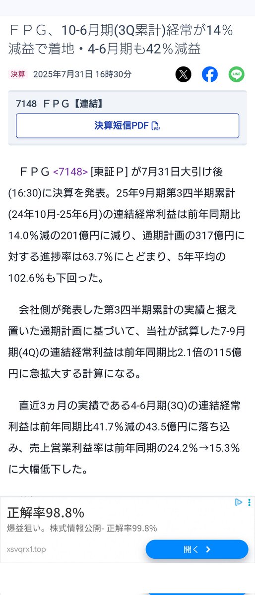 tentent14731371's tweet image. 🍈先週仕込んだ銘柄🍈
FPG（7148）
決算大チョンポで暴落。翌日少し挽回したところで500株だけ拾ってみました🚀
目標EPS（262円）へは残りの４Qでは届かなそうなので減配（130円）は避けられないのかな？
権利落ちまでに全株処分する予定です…
＃株クラの輪を拡げよう　＃FPG