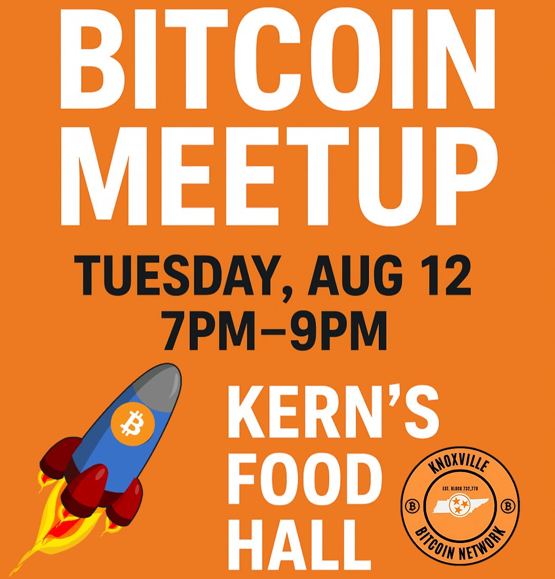 🚀 Calling all Bitcoiners—whether new, curious, or experienced! 
Join us this Tue, Aug 12, from 7pm–9pm near Monday Night Brewing. Bring your questions, friends, and enthusiasm. Expect good company, food, drinks, and plenty of Bitcoin talk. Spot us by our orange Bitcoin shirts