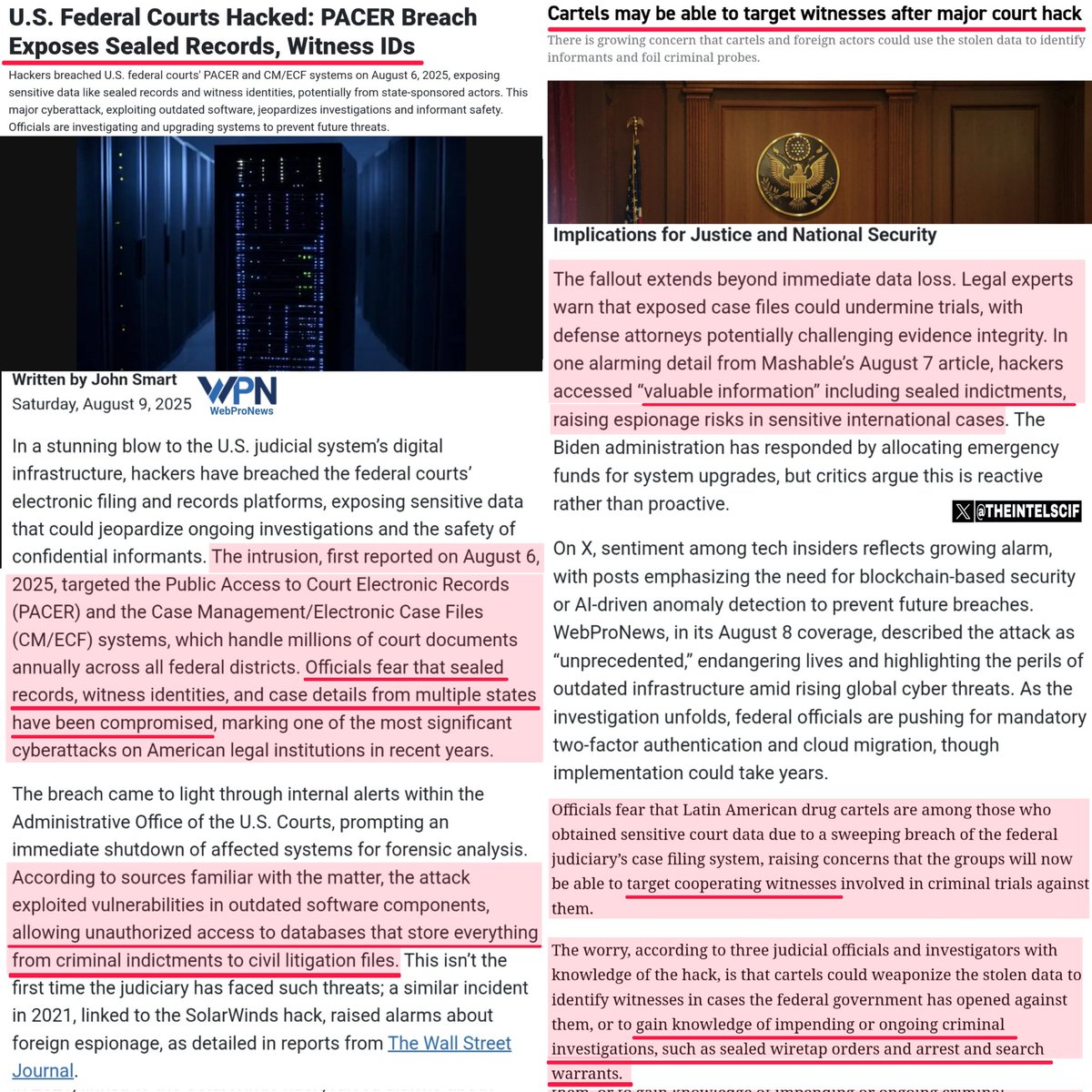 U.S. FEDERAL COURTS HACKED, millions of court documents, sealed indictments, witness IDs, etc., exposed &amp; compromised.

Think about everything that's currently transpiring and then I want you to think about who would hack the court systems to find out about sealed indictments, to