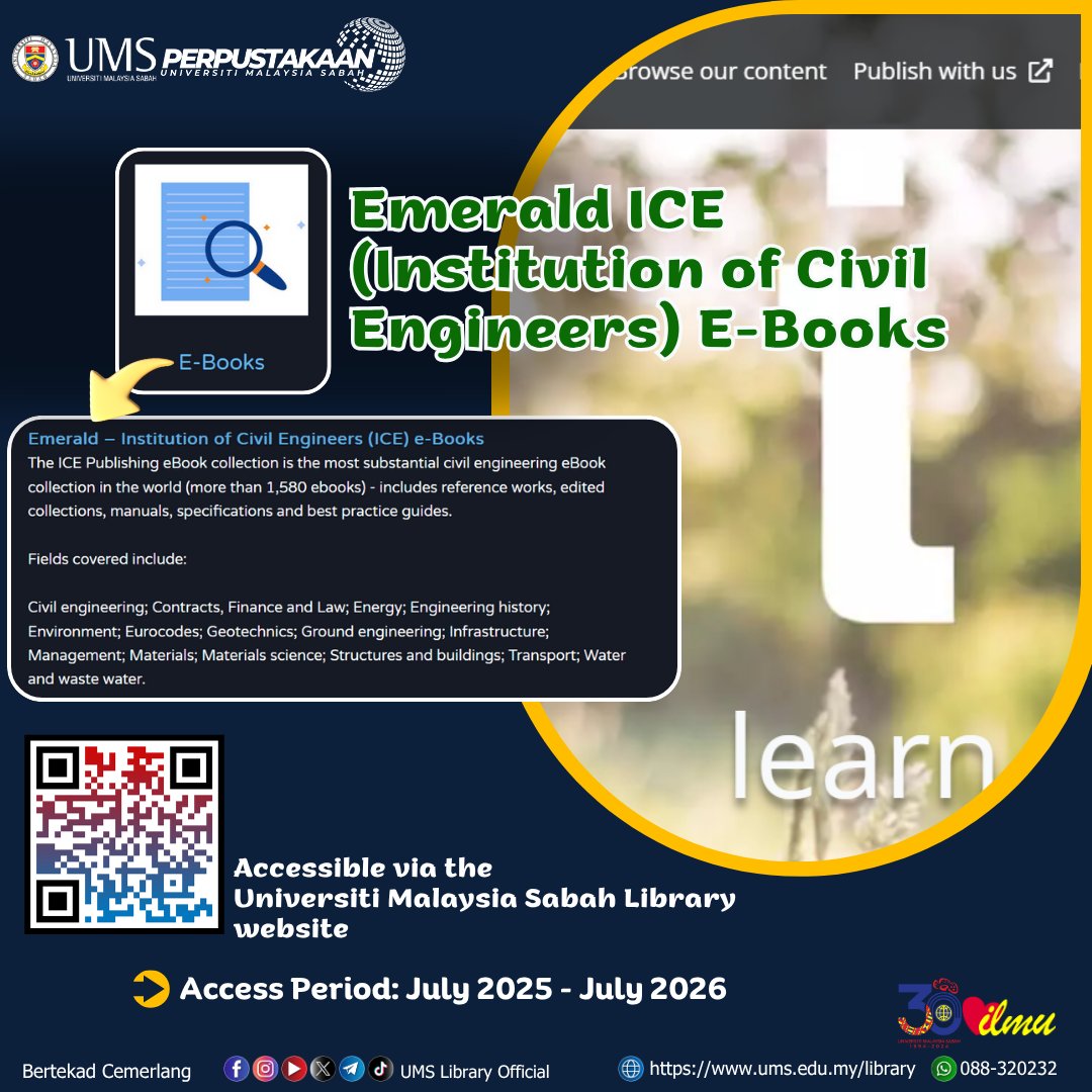 Lib_UMS's tweet image. 📲Discover the Emerald ICE (Institution of Civil Engineers) E-Books
[Access Period: July 2025 - July 2026]

Available anytime via the UMS Library Website:
🌐 ums.edu.my/library

Happy exploring and expanding your knowledge! 😀

#UMSLibrary
#UMStheBrainofBorneo