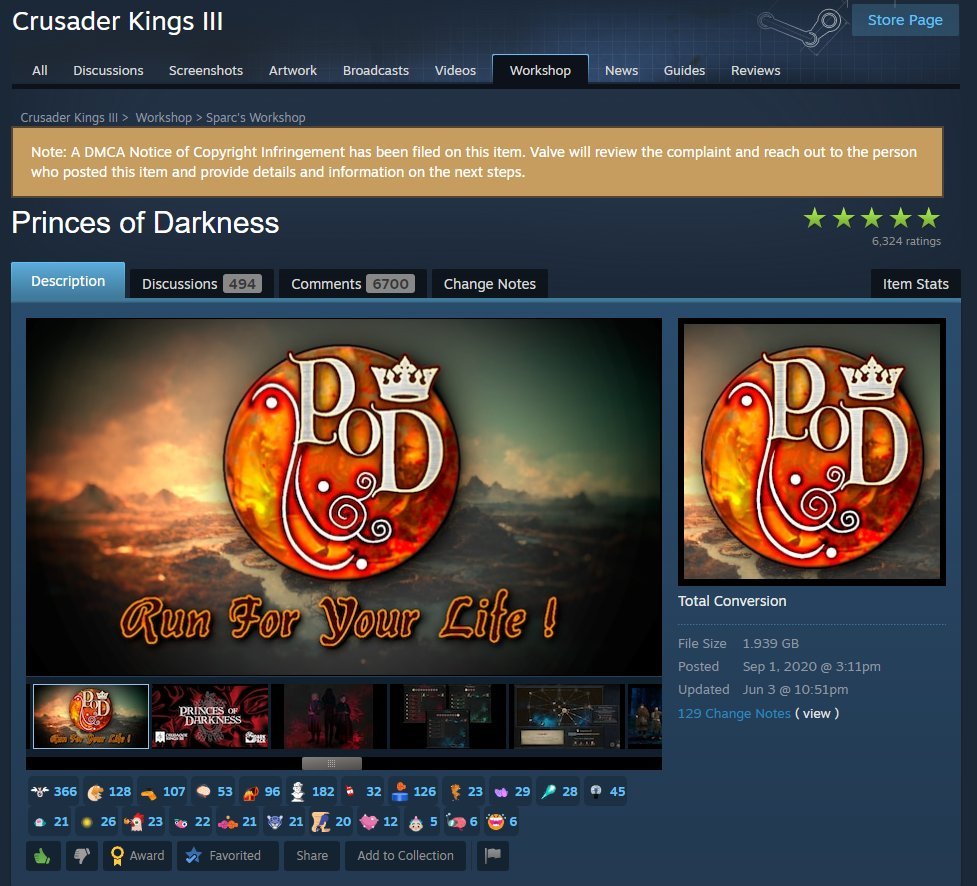 Someone is flagging Steam mods with claiming fake DMCA violations.  

All music in Princes of Darkness Mod is original work created by <a href="/SerialSymphony/">Skip</a> for use by POD.   

This does give us an opportunity for us to direct you to their excellent music.

open.spotify.com/playlist/5NzY8…