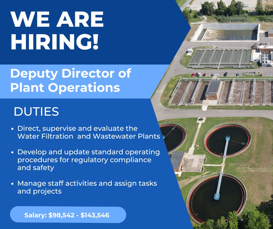 EWSUtility's tweet photo. EWSU is seeking to hire a full-time Deputy Director of Plant Operations. The individual will oversee day-to-day plant operations, manage facility maintenance, preventive maintenance, and supervising staff. 𝐒𝐚𝐥𝐚𝐫𝐲: $𝟗𝟖,𝟓𝟒𝟐-$𝟏𝟒𝟑,𝟓𝟒𝟔. https://t.co/9USDau8IMo https://t.co/cxRcq4sYAZ