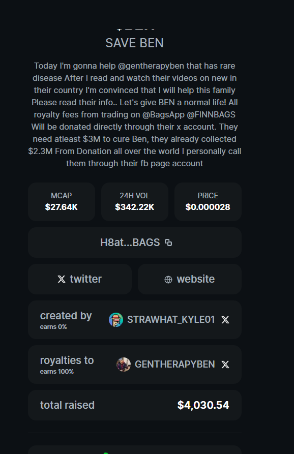 Kyle_Trades7's tweet photo. Ben suffers from Duchenne Muscular Dystrophy (DMD), and the life expectancy is 26. They need $3.3 million for gene therapy treatment in the US, and they live in Hungary. Please help us #saveben and $ben on bags

As of Aug 2025 they already collected $2.11M from donations all over the world.. $880K left

on the first day on @BagsApp  we already generated $4,000 usd for them .  we need $876k more to complete the $3M they need

$BEN ON BAGS ca:  
H8atBMCEiXjKuhTWRMRVN3fhcGByAaW9nwkWMxB8BAGS

YOU CAN VISIT https://t.co/1DVkTv95p6
FACEBOOK https://t.co/EwPq5fs2U7

@gentherapyben @finnbags  
#BTH #BUYTHEHAT #GAZA #SAVEBEN #HELPSAVEBEN