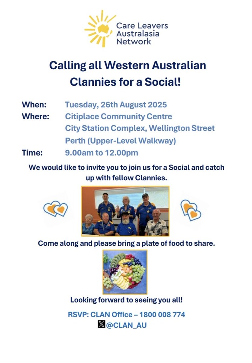 CLAN_AU's tweet photo. Here are the details for the next #WesternAustralian social held in #Perth 
26th August 2025 
Time 9am til 12pm 
Mark it in your diary ‼️

Please bring a plate to share with your fellow Clannies 

Thanks to our President Sue for organising WA socials
 💙💛 https://t.co/YM7n6h0zCx
