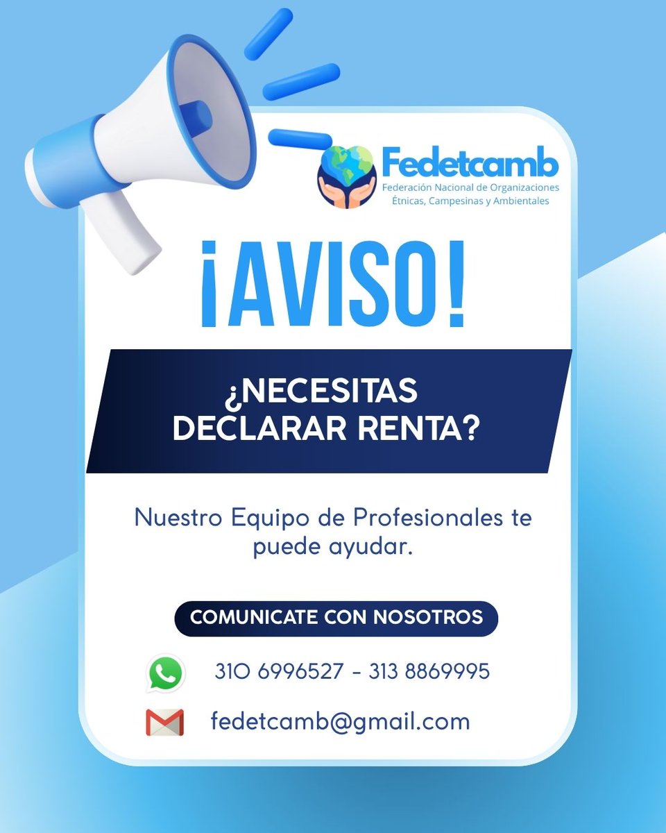 fedetcamb's tweet photo. 📢 ¡Aviso Importante!📢

¿Eres persona natural o jurídica y necesitas presentar tu declaración de renta?

En @fedetcamb, contamos con un equipo de profesionales expertos en gestión tributaria que te asesorará y acompañará en todo el proceso, garantizando cumplimiento legal, precisión y tranquilidad.

✅ Asesoría personalizada
✅ Preparación y revisión de tu declaración
✅ Presentación ante la DIAN de manera segura y oportuna

💼 Nuestro compromiso es que tú y tu organización cumplan con sus obligaciones fiscales sin complicaciones.

📲 Contáctanos:
📞 310 699 6527 – 313 886 9995
📧 fedetcamb@gmail.com

#FEDETCAMB #DeclaraciónDeRenta #GestiónTributaria #PersonasNaturales #PersonasJurídicas #CumplimientoFiscal #AsesoríaTributaria #Colombia