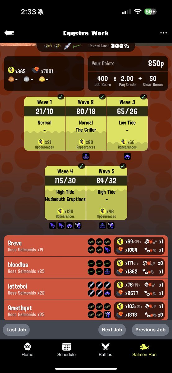 365 on Eggstra Work #10! Mudmouths was fun to figure out, but maybe with a tweak could’ve gone to 125, thanks <a href="/OmegaSR_/">オメガ (Omega)</a> <a href="/latteboi_sr/">latteboi</a> and ZeroRapid 

#salmonrun #splatoon3 #スプラトゥーン3