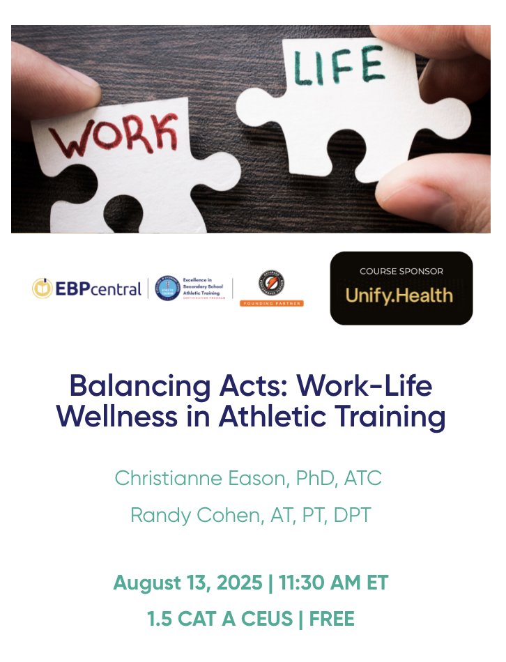 CooperLarry5's tweet image. Join us on Wednesday, August 13, 205 at 11:30 am for another great course from our partner, Excellence in Athletic Training Programs! Hope you can join us!
[#AthleticTraining](instagram.com/explore/tags/a…) [#WorkLifeBalance](instagram.com/explore/tags/w…) [#ATsAreHealthCare]