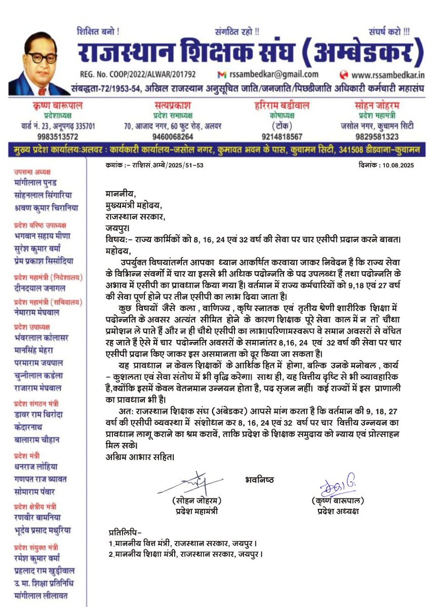 RssAmbedkar's tweet photo. माननीय 
@RajCMO 
@KumariDiya 
@madandilawar 
राज्य कार्मिकों को 8,16, 24,32 की सेवा पर चार ACP का प्रावधान किया जावे 
#rssambedkar https://t.co/9TYwsht5M4