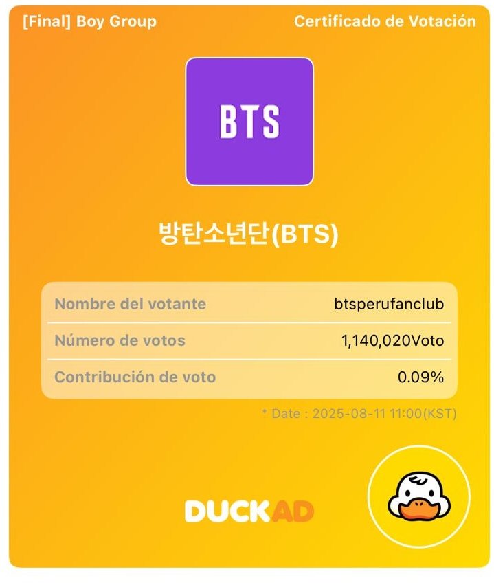 bts_peru1's tweet photo. ARMY aquí nuestros votos como fanbase y también gracias al apoyo de los fans✨

Cada voto cuenta, hagamos que este premio se quede con #BTS 💜🇵🇪

#voteForBTSonDuckAD  #DUCKAD_for_BTS https://t.co/mcKRXIEIUs