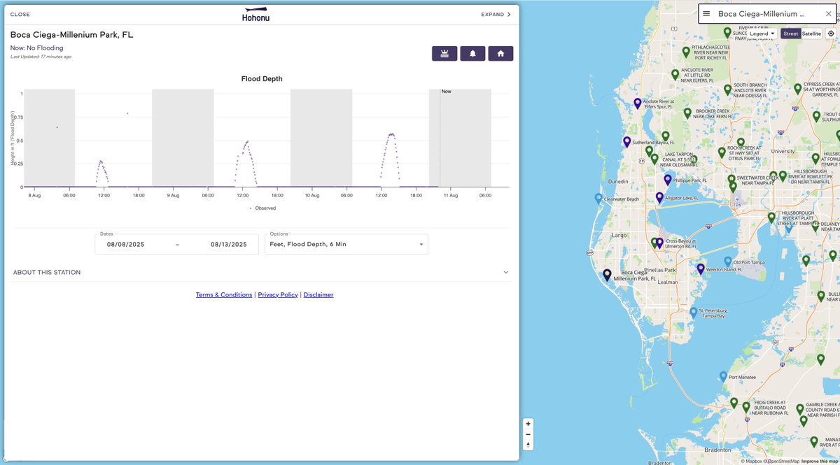 Hohonuinc's tweet photo. @WeatherProf @WFLA We have tide and inland sensors deployed throughout Pinellas County, which can be viewed alongside NOAA/USGS sites on our public live map: https://t.co/Y820UXx4Em

We detected inundation at Boca Ciega-Millenium Park earlier today https://t.co/wcDqyQTlsB