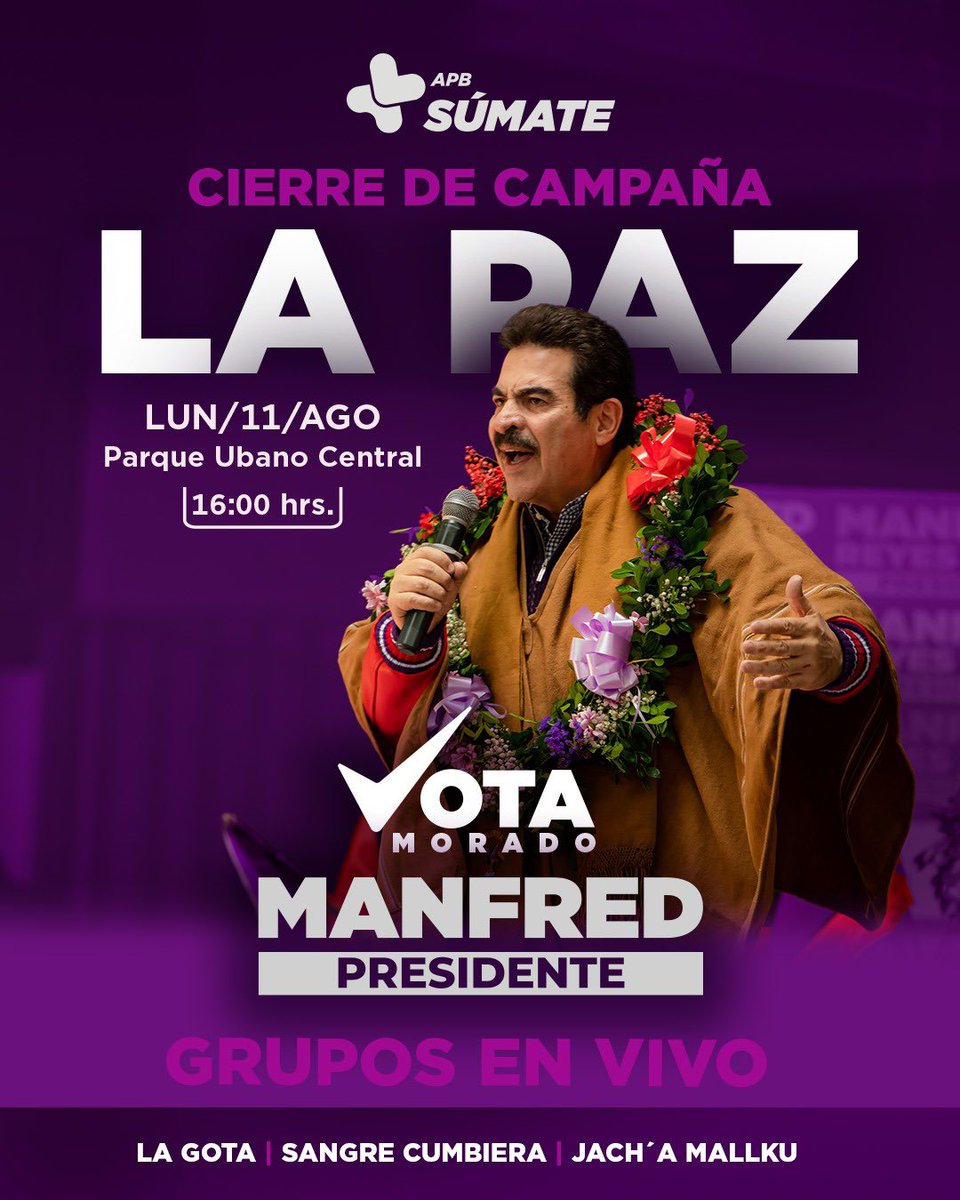 SumateBolivia's tweet photo. 🏔️💜 ¡La Paz, llegó el momento!

✨¡Los esperamos para sellar el compromiso de transformar juntos nuestra Bolivia!🇧🇴

#ManfredPresidente #VotaMorado #Bolivia #LaPaz #Cierredecampaña https://t.co/Xme1jVj0JB