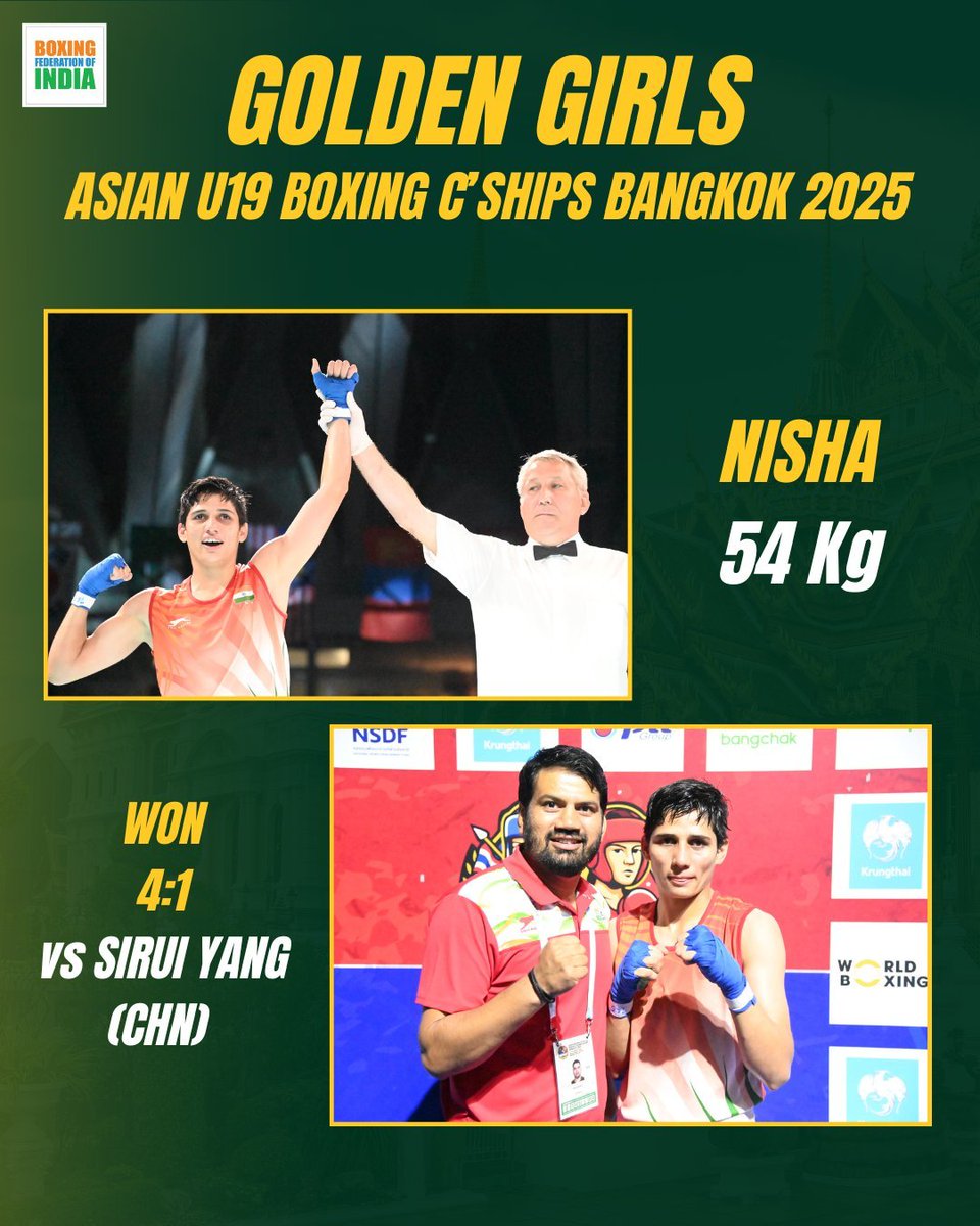 AIRNewsHindi's tweet image. 🇮🇳🥊भारतीय महिला मुक्केबाज निशा और मुस्कान ने कल बैंकॉक में अंडर-19 एशियाई मुक्केबाजी चैंपियनशिप में 🥇स्वर्ण पदक जीतकर उत्कृष्ट कौशल दिखाया, जबकि पाँच अन्य मुक्केबाजों ने रजत पदक जीते। 🥈
#AsianU19Boxing #TeamIndia #IndianBoxing #MedalTally #PunchingPride