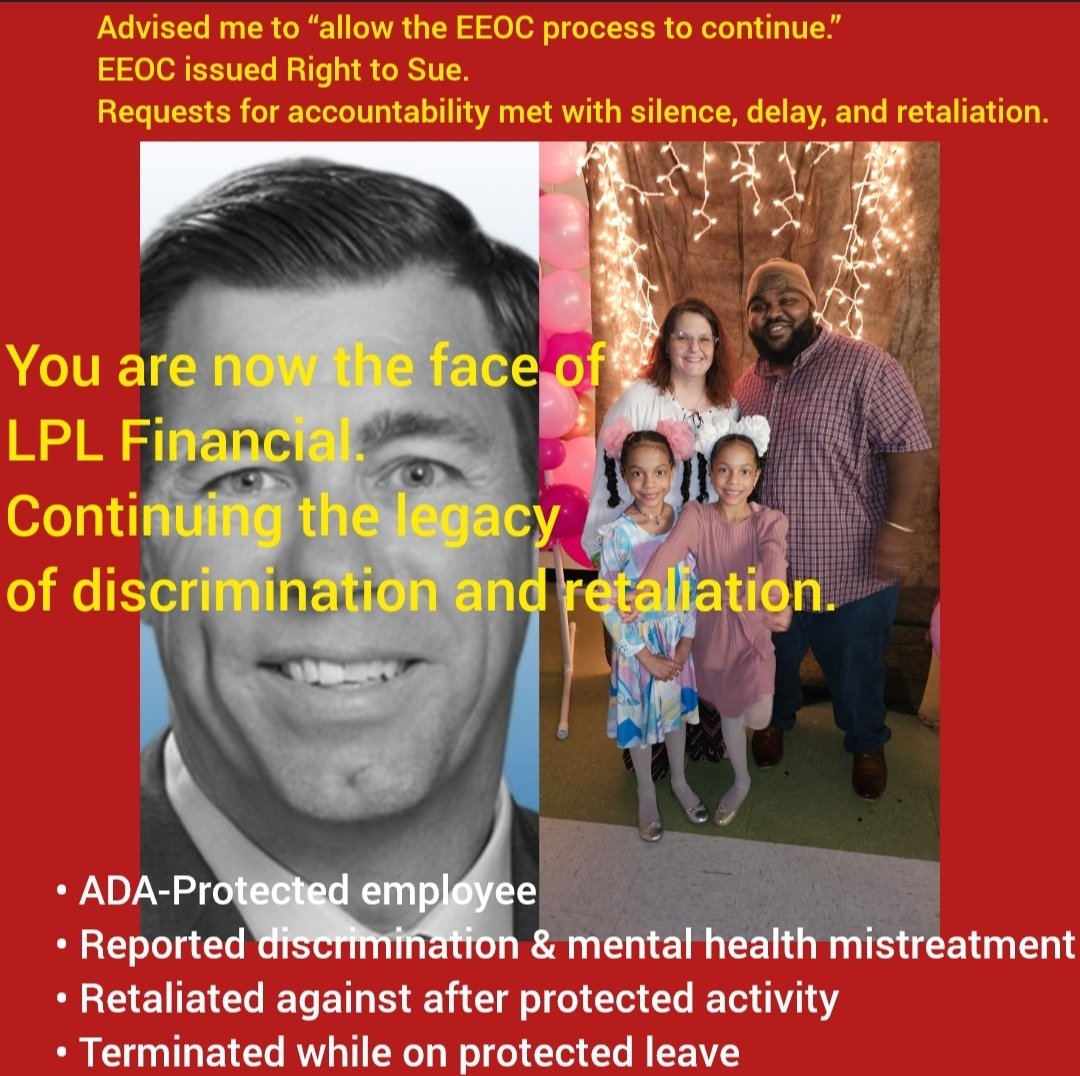 MasterDre's tweet photo. @RichSteinmeier The pattern isn’t speculation — it’s documented.
 Eileen Cure (2021) – https://t.co/YGPytrZnPr
Michelle Mann (2023) – https://t.co/fE6egxElAa
My case (2025) – Andre McRae v. LPL Financial, LLC
Case No. 3:25-cv-536
U.S. District Court, WDNC
#TruthMatters #Accountability #LPLFinancial