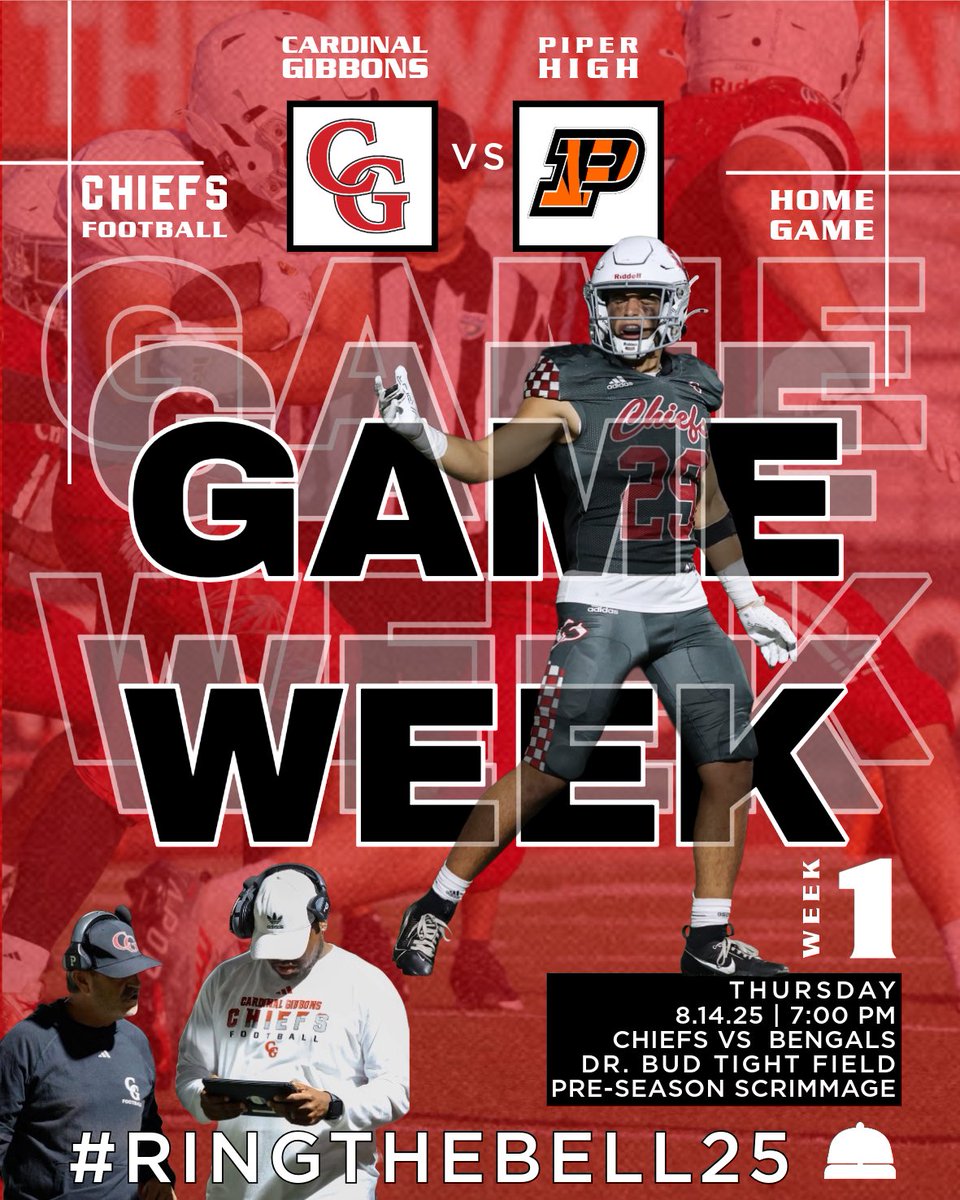 🔴⚪️Game Week is Here🔴⚪️
Week 1 • Pre-Season • Home Opener
📅 Thursday, August 14th
🆚 Piper High Bengals
📍 Home - Dr. Bud Tight Field
⏰ Kickoff: 7:00 PM
The wait is over — Chiefs Football is BACK!
#GameWeek #RingTheBell25