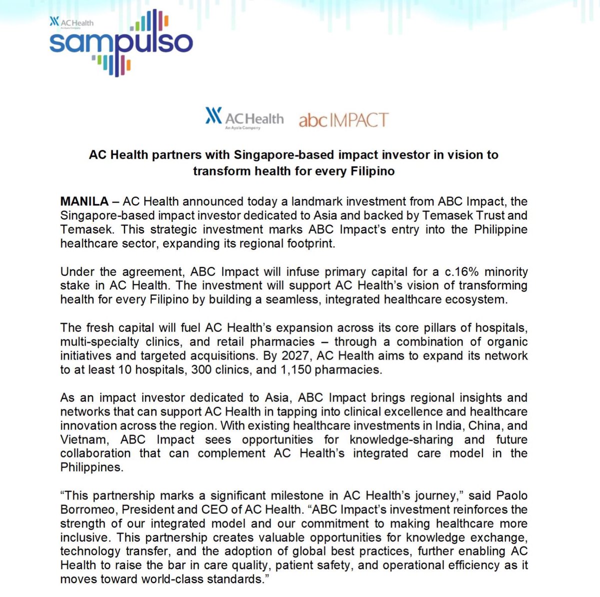 RevinOchave's tweet photo. Singapore-based impact investor ABC Impact to acquire around 16% minority stake in AC Health. 

AC Health aims to expand its network to at least 10 hospitals, 300 clinics, and 1,150 pharmacies by 2027. @bworldph https://t.co/xe204XsfBC