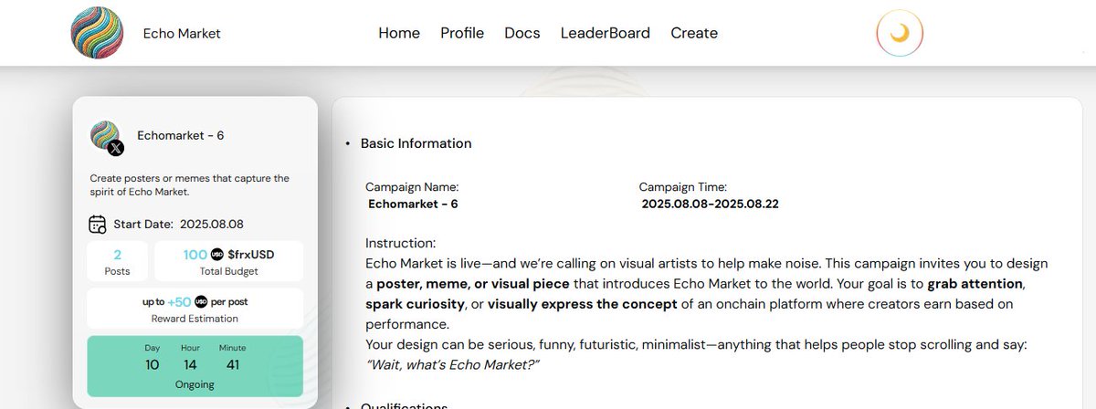 fraxchina.frax (@guanguan911) on Twitter photo Echo Market Global Visual Arts Challenge - Now Live!
<a href="/echo_market/">EchoMarket</a>
Calling all boundary-pushing visual artists – Help introduce the world to this revolutionary on-chain creator platform through your designs!
Check out Echomarket.app ! Here’s how it works 👇 Echo Market Global Visual Arts Challenge - Now Live!
<a href="/echo_market/">EchoMarket</a>
Calling all boundary-pushing visual artists – Help introduce the world to this revolutionary on-chain creator platform through your designs!
Check out Echomarket.app ! Here’s how it works 👇