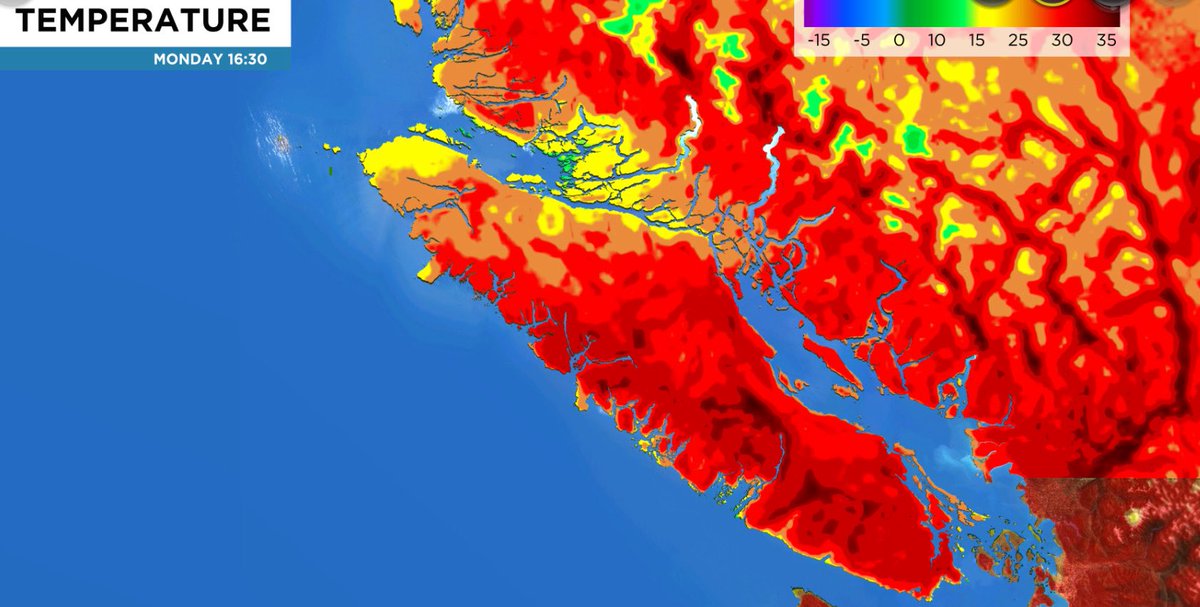 🥵 Here’s a look at today’s 4 pm humidex readings (what it actually feels like) on #VancouverIsland plus a look ahead to Monday’s expected afternoon temps. Many areas are forecast to be 30°C or higher with a humidex//feels like temp of 32-39! <a href="/CHEK_News/">CHEK News</a> #BCwx #BCwx #BCStormWatch