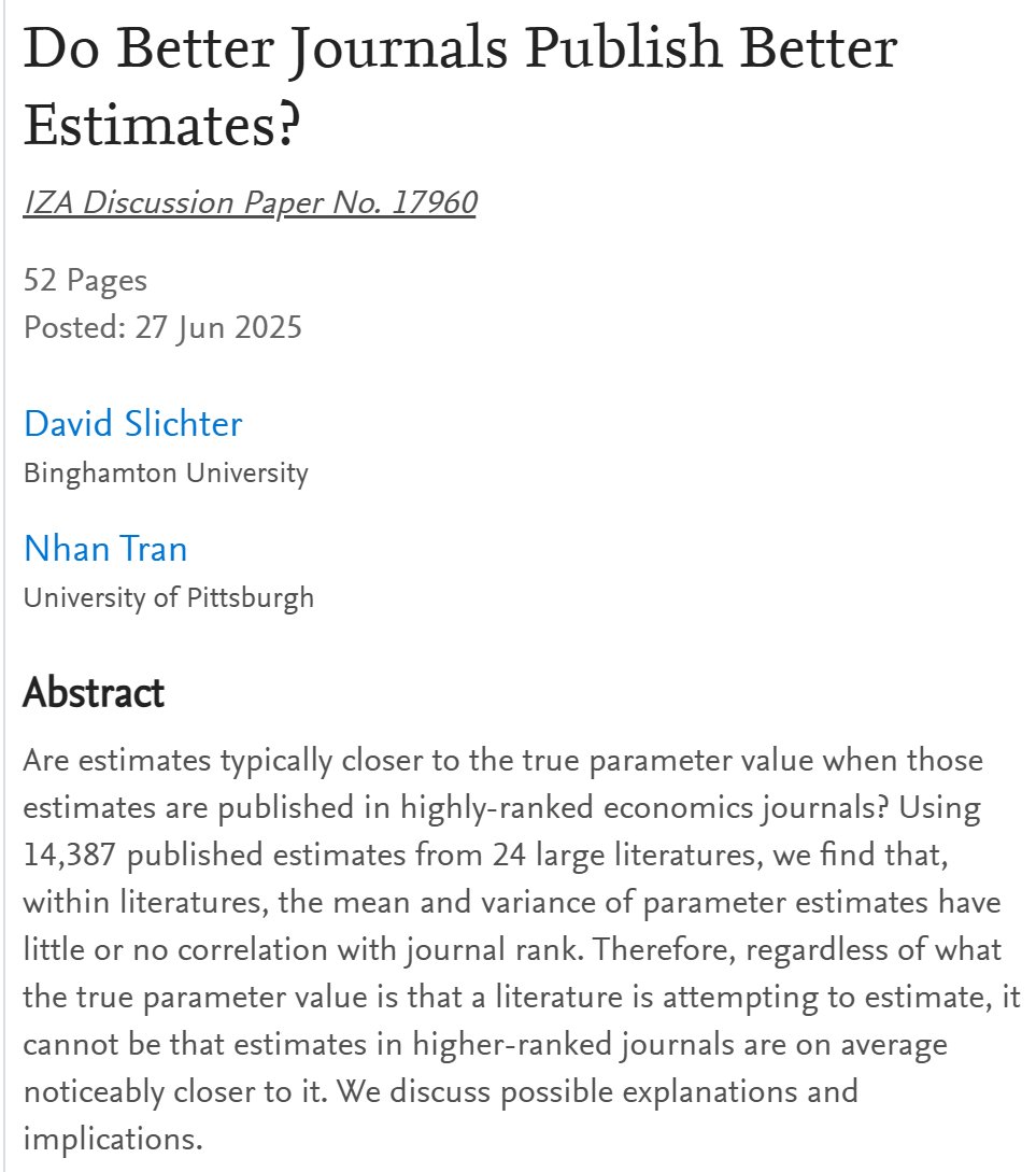 Higher ranked economics journals do not produce better estimates (ie, closer to the true parameter estimates). 

It should have been obvious by now that better journals aren't producing better research. They are good for career advancement, though.