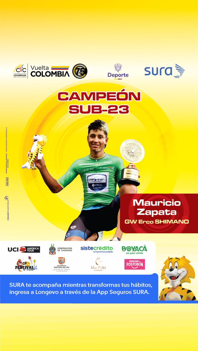 Vueltacolombia1's tweet photo. ¡FELICITACIONES!
Te presentamos al CAMPEÓN SUB-23 de la Vuelta a Colombia 2025 - 75 años. 🚵🏽♂️🇨🇴👏
#VColombia2025
#MinisterioDelDeporte
#SegurosSuraCol
#GobernaciónDeCasanare
#Sistecrédito
#BoyacáEsParaVivirla
#FestivalDeVerano
#AlcaldíaDeCali
#MacPollo
#ManzanaPostobón https://t.co/5XO4BLRUgo