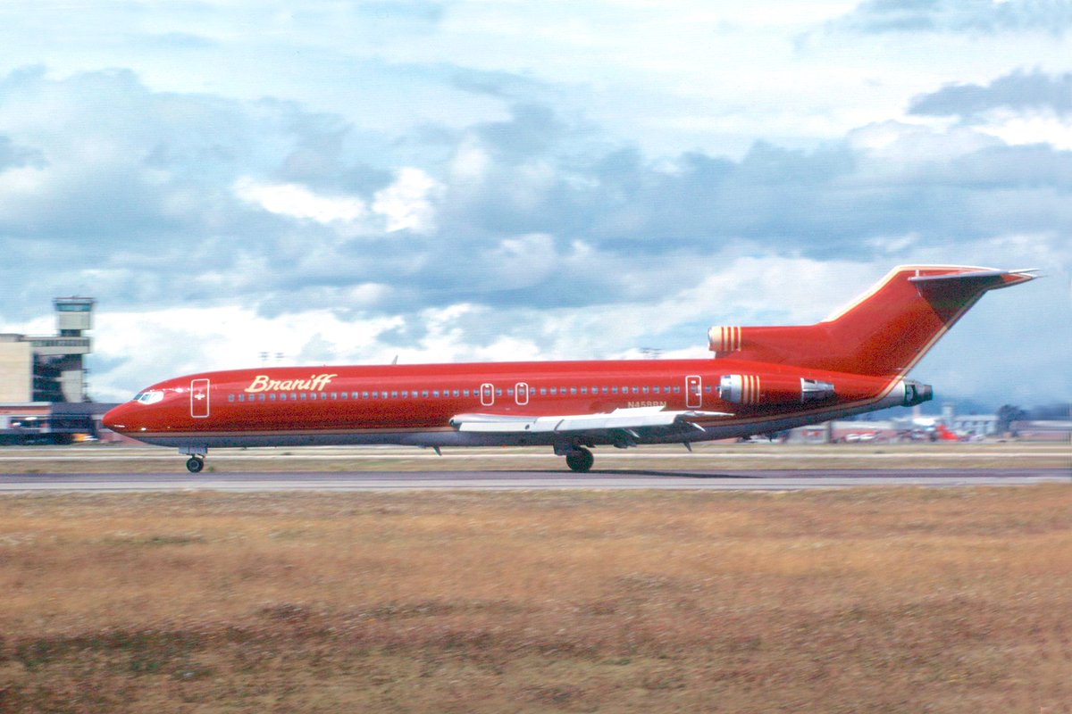 BRANIFF IN SOUTH AMERICA THE COLLECTION J. ESCOBAR - Braniff International Boeing 727-227 Ultra Space Jet registered as N458BN is on takeoff roll at Bogota El Dorado International Airport, Colombia, in October 1978. The big Advanced trijet is painted in the 1978 Harper and
