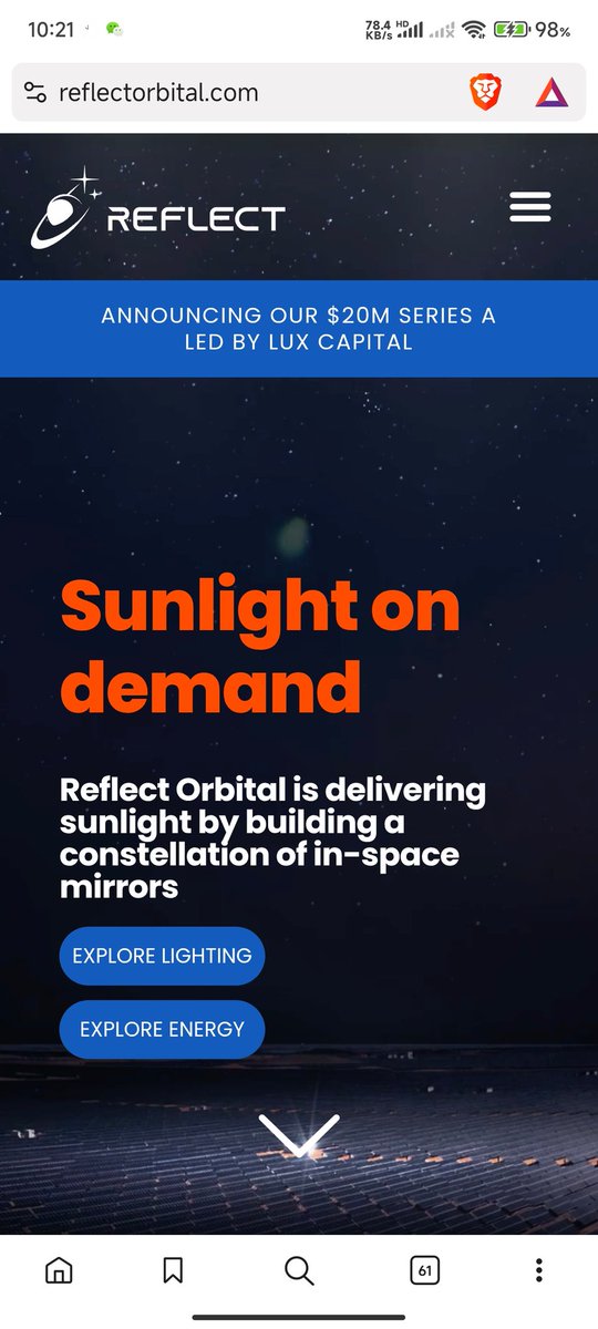 DarioMarchiori5's tweet image. Wanr light at night? No worries ...Starting from 5 square km - 4-minute rounds. Guess who's going to use this service..and benefit from it.
#nightlife #illumination #crazyideas
reflectorbital.com/energy