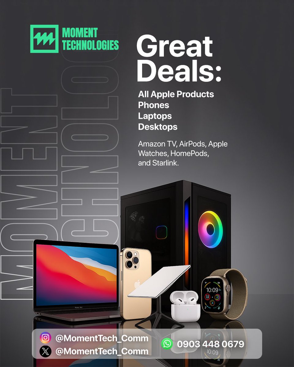MomentTech_Comm's tweet image. 🚀 Upgrade Your Tech Game!
From the latest Apple products to powerful laptops, desktops, and accessories, Moment Technology has you covered.
✅ Quality gadgets
✅ Competitive prices
✅ Fast delivery

📱 Shop smart. Live smarter.
📩 DM us or WhatsApp 0903 448 0679