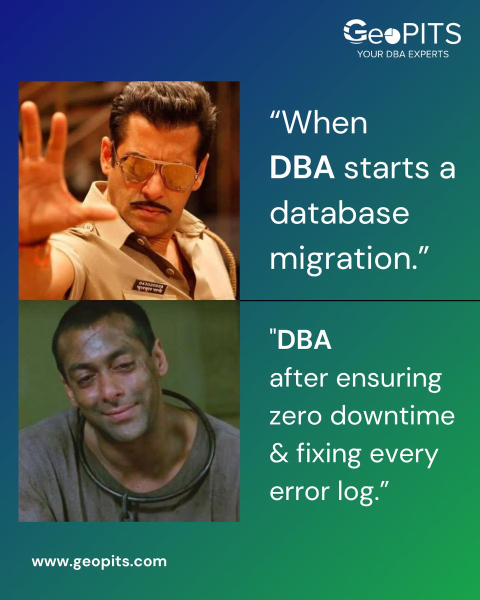 GeoPITS_DBAs's tweet image. Before optimization: Confident &amp;amp; caffeinated.
After fixing bottlenecks: Wiser, humbled… and slightly broken.

From &quot;This query will run in seconds&quot; to &quot;Why is it suddenly 10x faster?&quot; — the DBA journey in a nutshell.

#DBA #DatabaseLife #PerformanceTuning