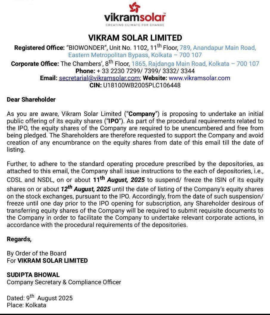 suryaisec's tweet photo. #VikramSolar IPO Soon
tomorrow onwards shares are freezing of the ISIN 
IPO Announcement Expected Soon 19th to 21st August

#Unlistedshares #stockmarketupdates #StockMarketIndia #PreIpo #SEBI #Nifty #Banknifty #Polymatech #Breakout #investing $XRP #CDSL https://t.co/2A6lifttCA