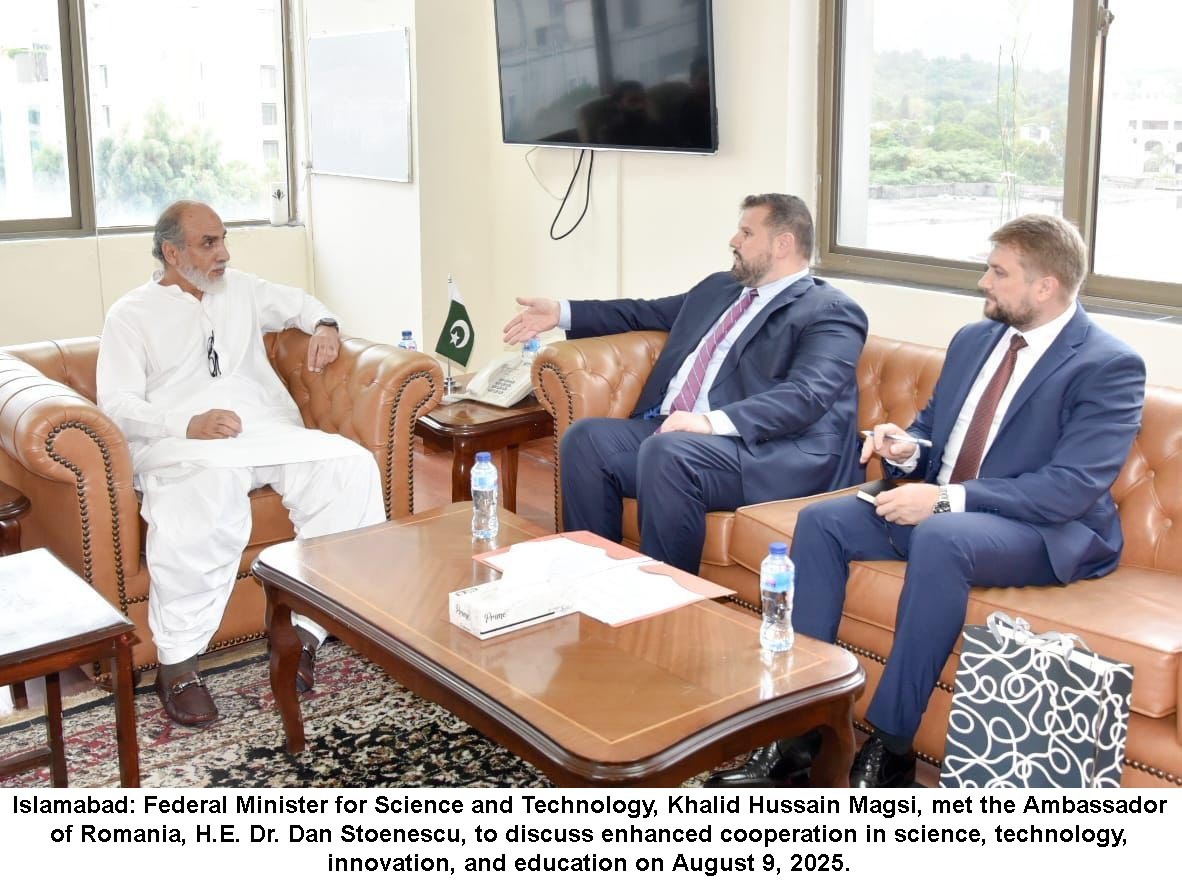 Islamabad, August 9, 2025: Federal Minister for S&amp;T, Khalid Hussain Magsi, met with the Ambassador of Romania, H.E. Dr. Dan Stoenescu, to discuss enhanced cooperation in science, technology, innovation, and education.
<a href="/Khalidmagsi357/">Nawabzada khalid hussain magsi</a> 
<a href="/magsimediacell/">nawabzada Khalid magsi media cell</a> 
<a href="/DanStoenescu/">Dan Stoenescu ‎ دان ستوينسكو 🇷🇴🇪🇺</a> 
<a href="/uzairmagsi4/">Uzair Magsi</a>
