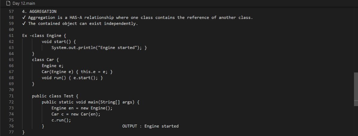 Bhanu_Codes_404's tweet photo. Day 12 of
#365DaysOfCode &
#100DaysofJava 🚀
📌 Today Java topic:
Coupling, Cohesion,
Association, Aggregation, Composition 5 Areas of OOP design.
🧑💻 Master these & write cleaner, scalable code.
#letsconnect #BuildInPublic #LearnToCode #TechTwitter
#JavaLearner
#DevCommunity https://t.co/lN3PgNBzjK