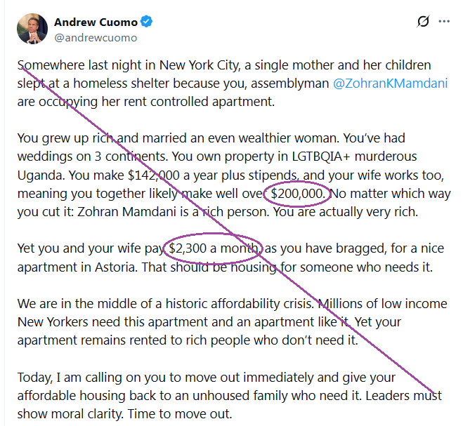 KDbyProxy's tweet photo. FUN FACT: For over 10 years, during which his salary reached $200,000/year and, with outside income included, his total reached multiples of that, Andrew Cuomo and friend (until she wasn't) were provided a New York rent-stabilized housing unit for which he paid $0.00 a month. https://t.co/BoVD3z9TCK