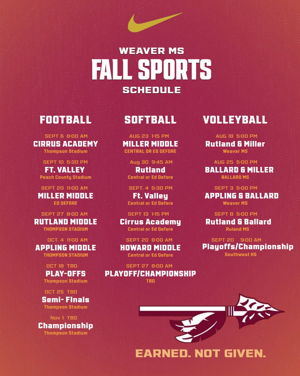 WMS_NoleLife's tweet photo. Weaver Middle School’s 2025 Fall Sports Schedule! https://t.co/8V7mvpcJvS