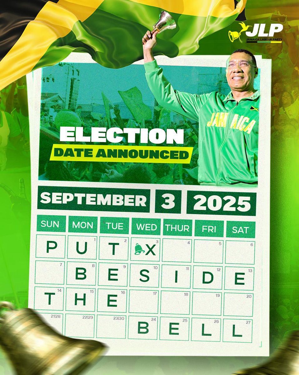 Pin your calendars for September 3, 2025! 

It’s the  date where we invite you to put YOUR X BESIDE THE BELL,  and continue the journey of progress with the Jamaica Labour Party. 

Let’s make our voices heard! 🇯🇲🔔 #JLP #ChooseJamaica #ForwardEver