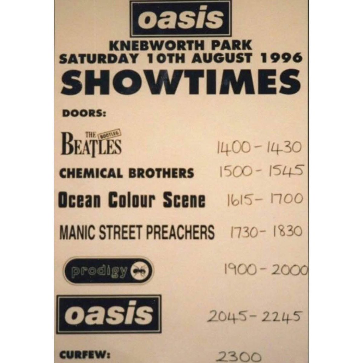 on 10th August 1996, oasis played the first of their record-breaking gigs at knebworth.
250,000 people attended over the 2 days. 
2.5 million applied for tickets
7,000 people were apparently on the guestlist. 
3,000 crew staged the concert.
£22.50 was the cost of a ticket.