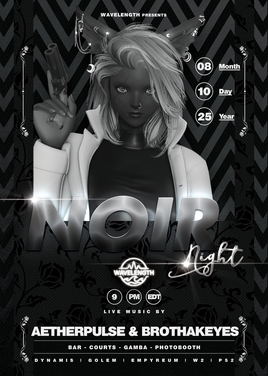 Wavelengthxiv's tweet photo. 🔥 OPEN NOW!! 🔥
🖤 NOIR NIGHT!
🎧 DJ AetherPulse + DJ BrothaKeyes | 9PM–1AM EDT
💃Courts | 🍹 Bar | 🎲 Gamba | 🎁 Gil Giveaways
📍 Dynamis | Golem | Empyreum | W2 | P52

📸 Tag us: #WavelengthXIV
📎 Details: https://t.co/aEEIxFMxS3 https://t.co/MtRCTXvQcL