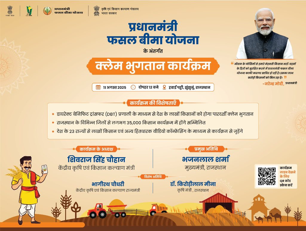 आज, 11 अगस्त 2025 को प्रधानमंत्री फसल बीमा योजना (PMFBY) का ऐतिहासिक आयोजन होने वाला है। 

रबी 2024-25 की बीमा दावा राशि की पहली किश्त DBT के माध्यम से सीधे किसानों के बैंक खातों में भेजी जाएगी। लाखों किसानों को मिलेगा आर्थिक संबल। 

माननीय कृषि एवं किसान कल्याण मंत्री श्री
