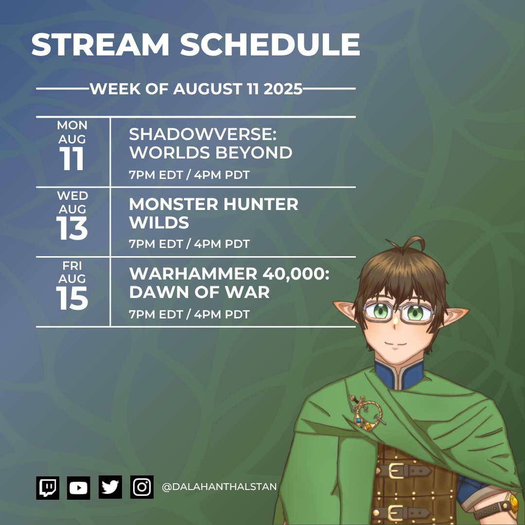 Here is the stream schedule for the Week of August 11th 2025! 
I hope to see you there as we continue our adventures.

YouTube: youtube.com/@DalahanThalst…
Twitch: twitch.tv/dalahanthalstan
