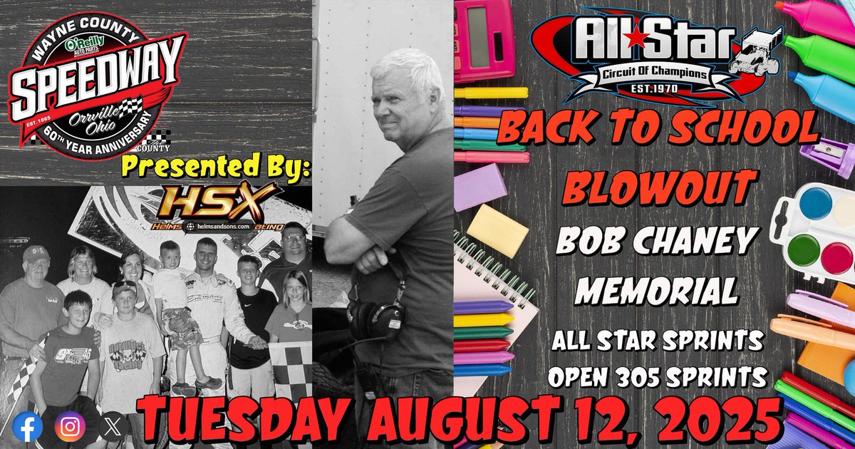 You asked for it!  You got it!  A midweek show at WCS!

Back to school blowout, Bob Chaney Memorial!

All Stars and open 305 sprints!!