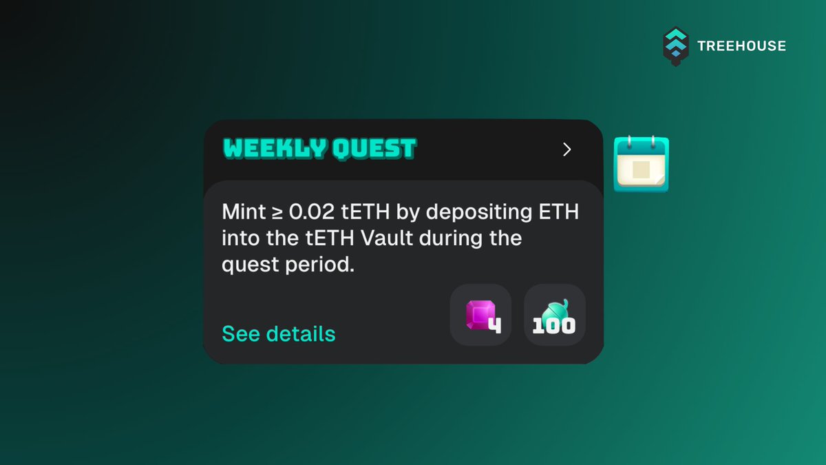 Treehouse (@treehousefi) on Twitter photo 🌳 New Weekly Quest: Stake into tETH Vault
Be the first 100 users who mint tETH during the quest period to gain Nuts and quest points! 🥜
🔎 View Quest:
app.treehouse.finance/gonuts
Learn more about about quest and stages 👇 🌳 New Weekly Quest: Stake into tETH Vault
Be the first 100 users who mint tETH during the quest period to gain Nuts and quest points! 🥜
🔎 View Quest:
app.treehouse.finance/gonuts
Learn more about about quest and stages 👇