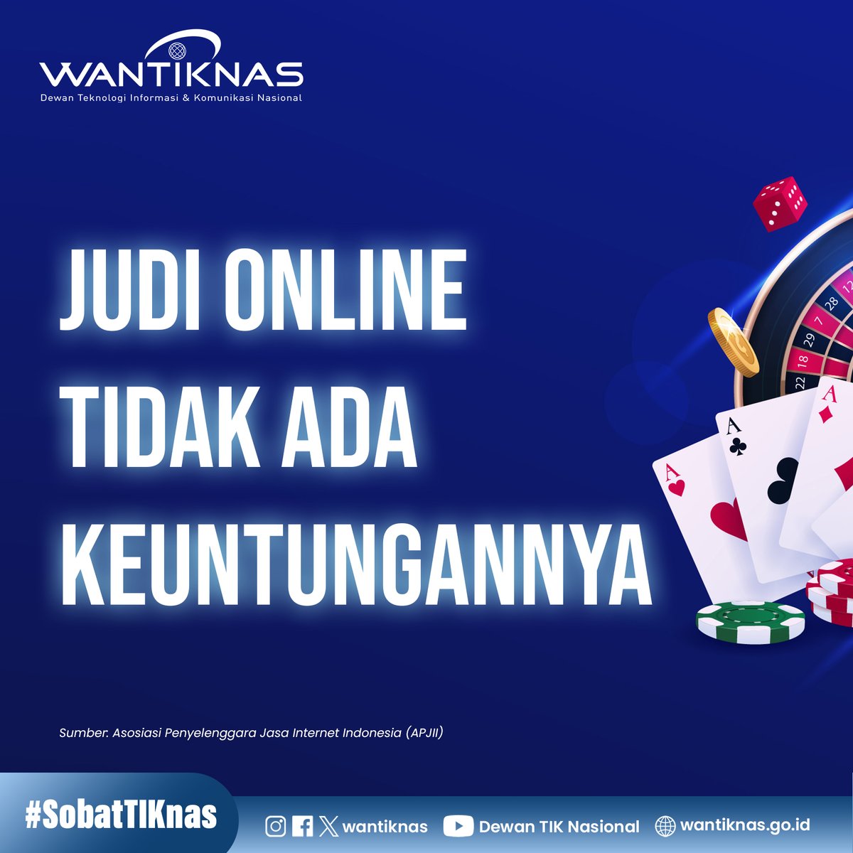 WANTIKNAS's tweet image. Survei APJII 2025 ungkap hanya 2,29% responden pernah untung dari judi online, sisanya 97,71% tidak pernah. Meski ada yang menilai judol memberi uang cepat (5,90%), hiburan (2,40%), sensasi (2,12%), dan sosialisasi (0,80%).
#judol #judionline #transformasidigital #wantiknas