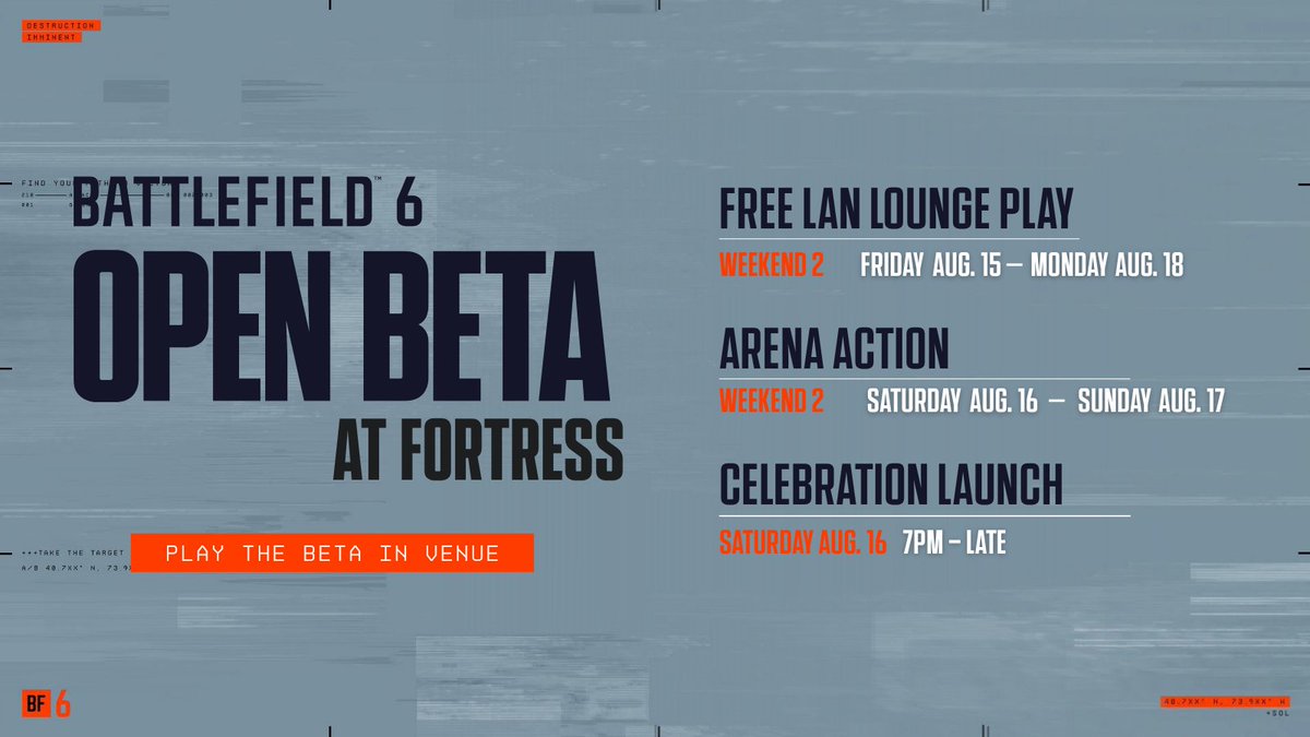 Fortress Melbourne (@fortressmelb) on Twitter photo The destruction starts here.
Free LAN Lounge play all weekend (Fri-Mon)
Arena battles: August 16โ17
Celebration Event: Saturday 7PM
Battlefield 6. Fortress. This weekend.
Link in bio.
<a href="/Battlefield/">Battlefield</a> #Battlefield6 #BetaOpenBeta The destruction starts here.
Free LAN Lounge play all weekend (Fri-Mon)
Arena battles: August 16โ17
Celebration Event: Saturday 7PM
Battlefield 6. Fortress. This weekend.
Link in bio.
<a href="/Battlefield/">Battlefield</a> #Battlefield6 #BetaOpenBeta