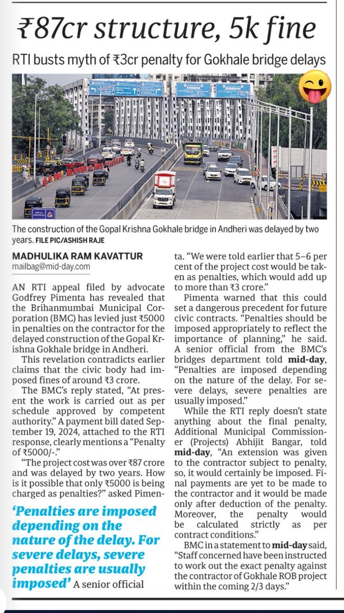 mumbaimatterz's tweet photo. What a Farce

Mumbai's  Rs 87 crore Andheri's Gokhale bridge disaster, BMC slaps Fines of Rs.5000 on Contractor .

RTI busts myth of Rs.3cr penalty.

#Infrastructure
#GokhaleBridge

@m_ram05 @mid_day

https://t.co/Q13CwD0iGA