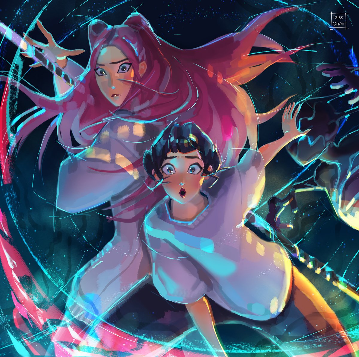 4Fantasy4's tweet photo. Zoey and Mira: what happened with honmoon moment K-pop demon hunters fanart. Zoey is so cute, and Mira is a super cool but also cute like a bear🥰

#kpopdemonhuntersnetflix #kpop #ZOEY #zoeykpopdemonhunters #mirakpopdemonhunters #huntrix #huntrixfanart #fanart #zoeymira #AnimeArt https://t.co/y6HS1yT2e4