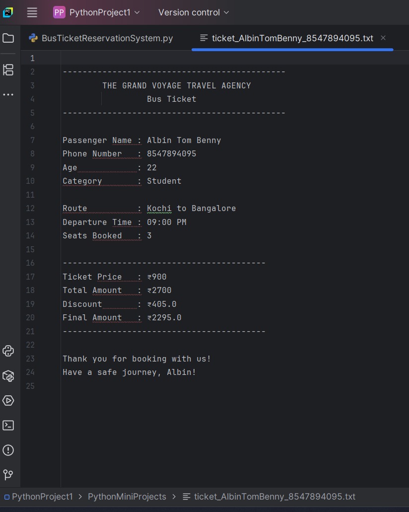 AlbinTomBenny's tweet image. 🚍 Built a Python Bus Ticket Reservation System — view routes, book tickets, apply discounts, store customer details, and auto-generate .txt tickets.
#Python #PythonProjects #Coding #LearnToCode #Programming #CodeNewbie #SoftwareDevelopment #PythonDeveloper #100DaysOfCode