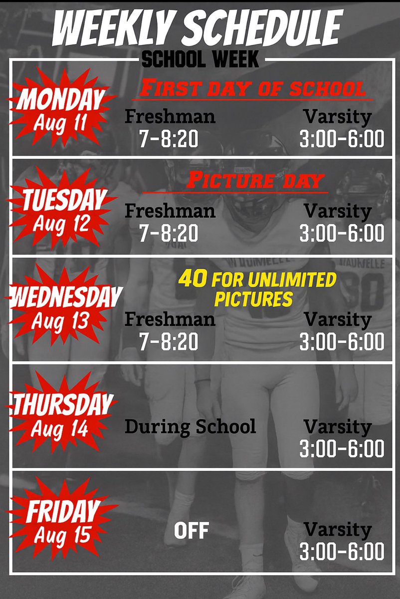 First week of school!!! Very excited about starting this school year right in the classroom and on the field! 
Picture day Tuesday $40 per person.