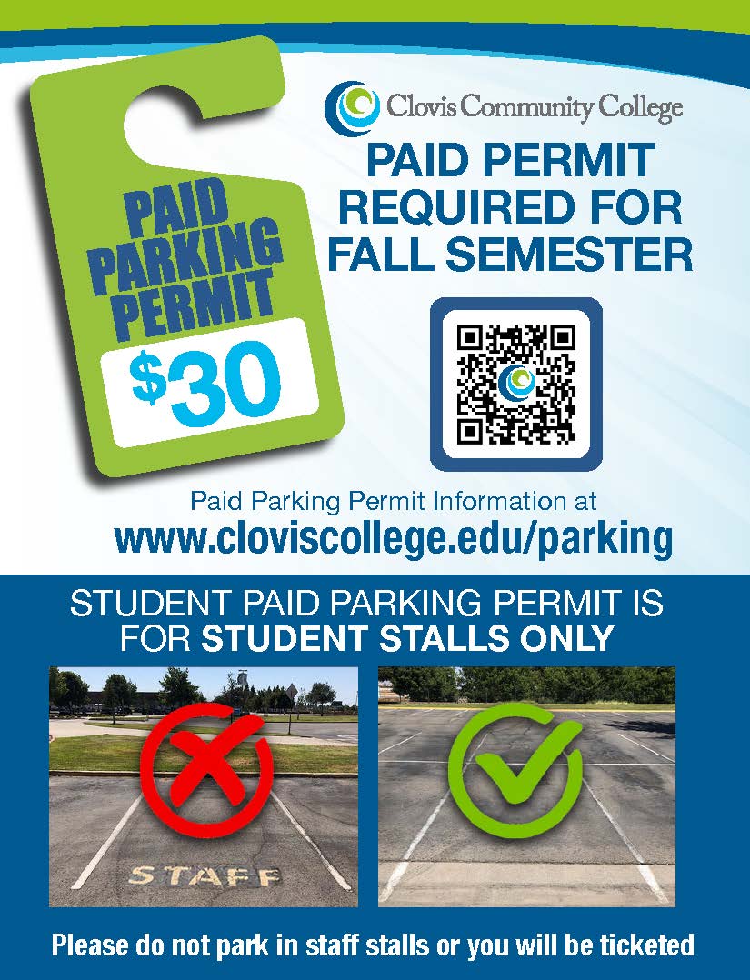 Buy your permit now at cloviscollege.edu/parking
Thank you for not parking in STAFF stalls. Relaxed parking during the FIRST week only. Enforcement starts. Aug. 18. #Parking #ClovisCommunityCollege @cccwelcomecenter @ccc_student_activities