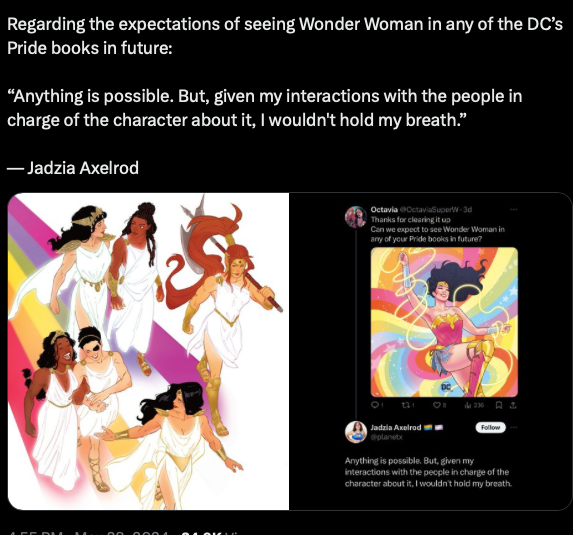 ComicsLeagueJT's tweet photo. This was my point about whether or not WW is bisexual. A writer can say whatever they like, but if it is not acknowledged or backed up by editorial, it isn't canon YET (that doesn't mean it cant in the future, but editorial is the deciding factor because these are "corporate owned characters). Now let me be clear, if DC acknowledged it, then ok, but until then, we have to go off of what editorial acknowledges as canon. Again, If DC actually acknowledges it, then it is canon. but as of yet..they haven't (and pride covers dont count because Clark and Lois show up on pride covers)