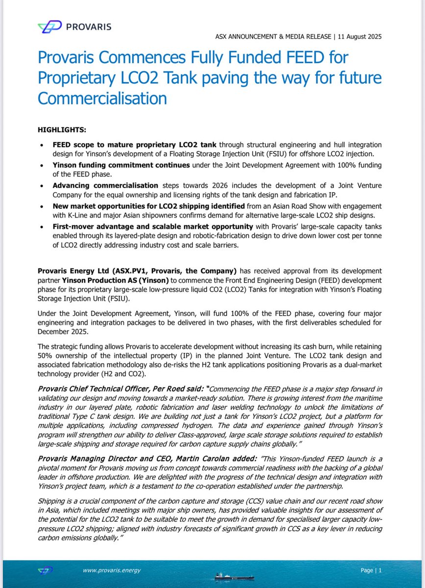 AlexSundich's tweet photo. ⁦@ProvarisEnergy⁩ $PV1 commences fully funded FEED studies for its proprietary CO2 tankers, in JV with Yinsong. Shipping transportation will become a vital part of the CCS value chain and PV1 is a well placed to capitalise. #CCS #PV1
Disclosure: speculative, I own, DYOR https://t.co/Tzooek5joE